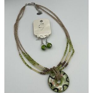 Ethel & Myrtle Glass Pendant Necklace Earrings Chunky Jewelry Chartreuse Green